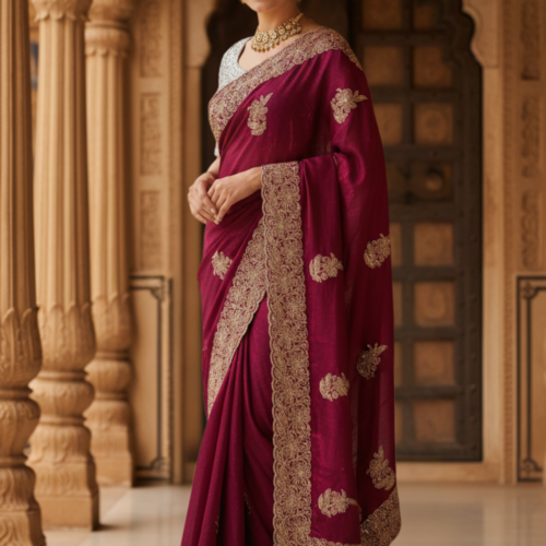 Exquisite Wine Georgette Saree with Scalloped Zari Border