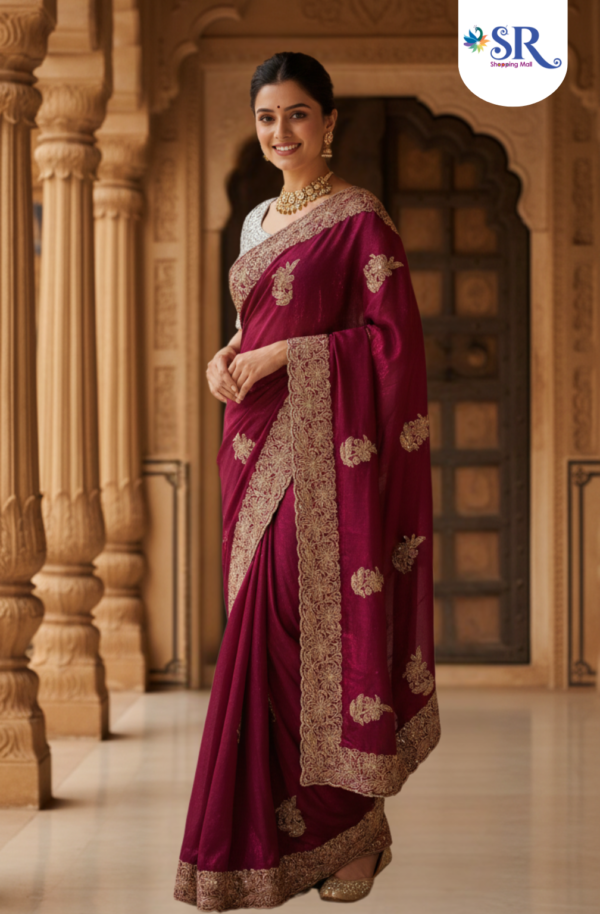 Designer Saree Edited (1) Exquisite Wine Georgette Saree with Scalloped Zari Border