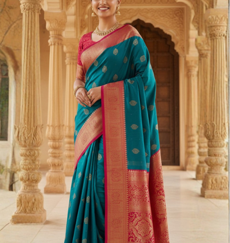 Regal Teal Blue Banarasi Silk Saree with Crimson Zari Border