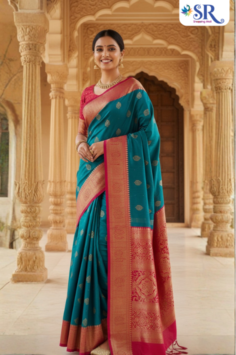 Silk saree (4 x 6 cm) Regal Teal Blue Banarasi Silk Saree with Crimson Zari Border
